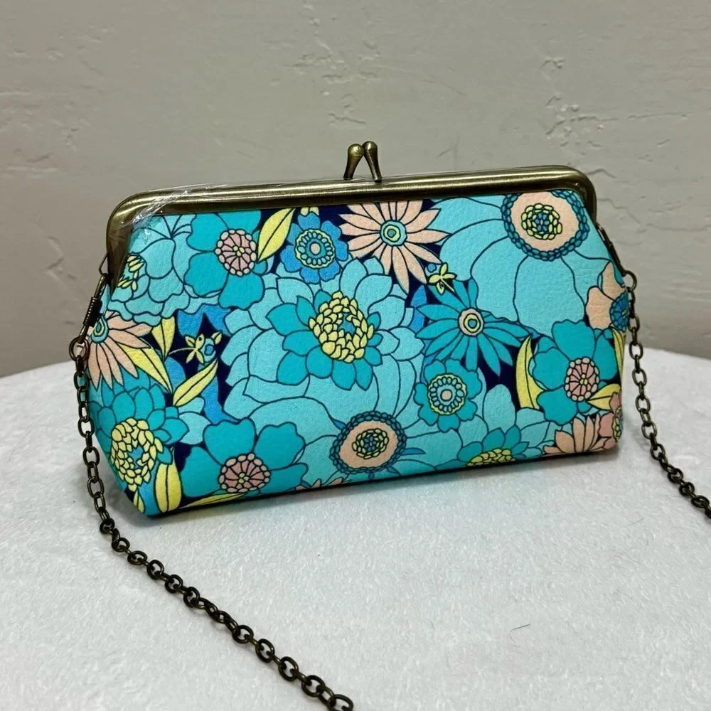 Floral Print Handmade Cowhide Kisslock Clutch/Wristlet/Phone Pouch/Crossbody